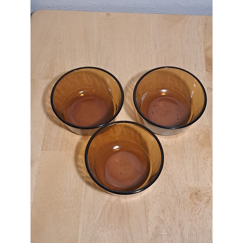 3 Vintage Anchor Hocking Fire King Brown Amber 6 oz Glass Custard Cups Ramekins